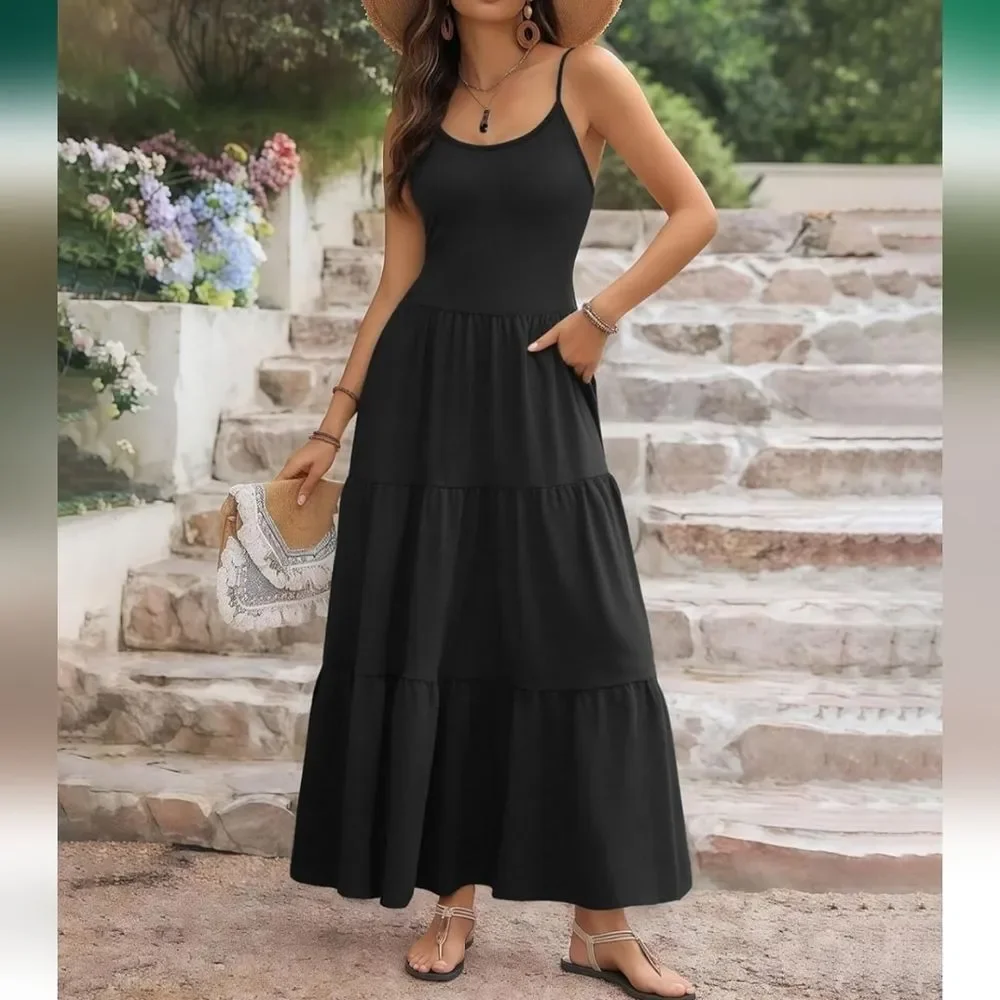 Black Tiered Maxi Dress, Spaghetti Straps, Stretchy, M